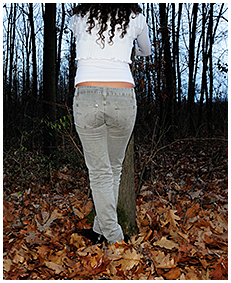 sexy girl tied to a tree pisses herself wetting desperation pissing jeans 04