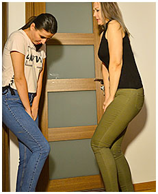 two ladies piss their jeans in front of the locked door wetting themselves 1