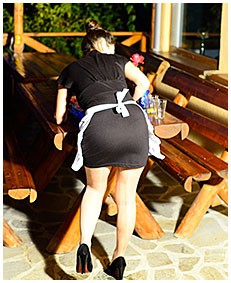 Cleaning tables as a waiter Dee pisses herself wetting her pantyhose