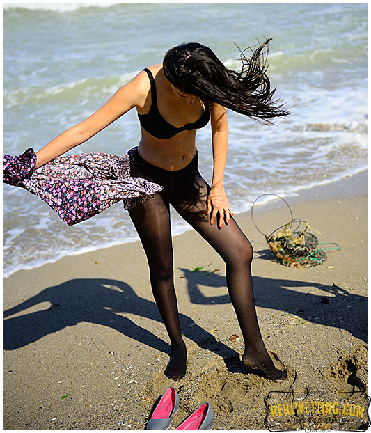 Nice day at the beach makes damp pantyhose and panties