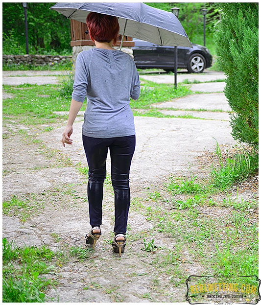 Running from the rain makes lady tight jeans soaking wet with pee