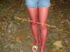 Jeans denim shorts desperation and red pantyhose wetting