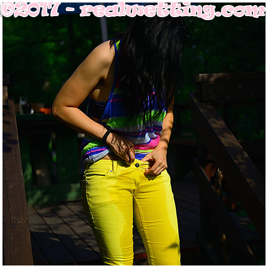 Monica pisses her yellow pants again in the same day. Rewetting experience from monica!