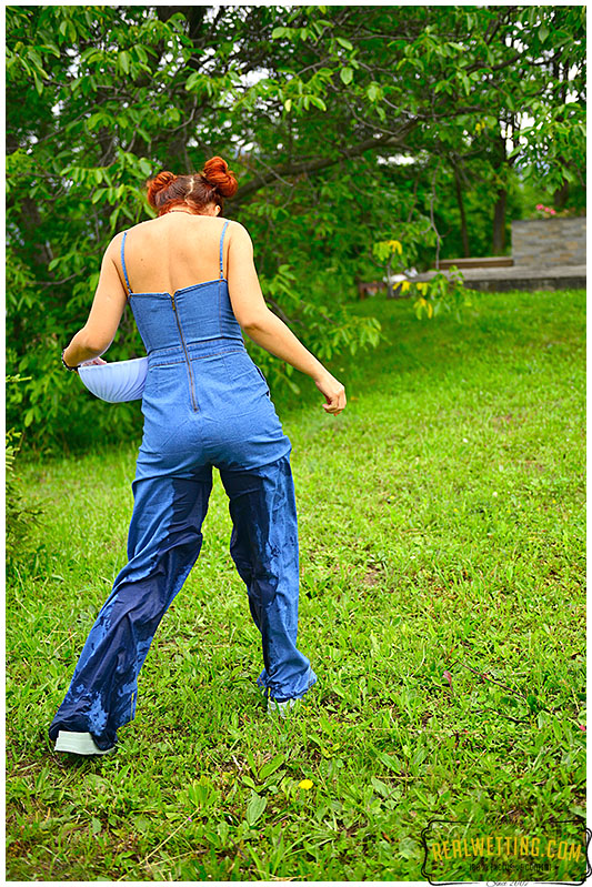 Shocking overalls wearing lady pees her pants desperate to pee