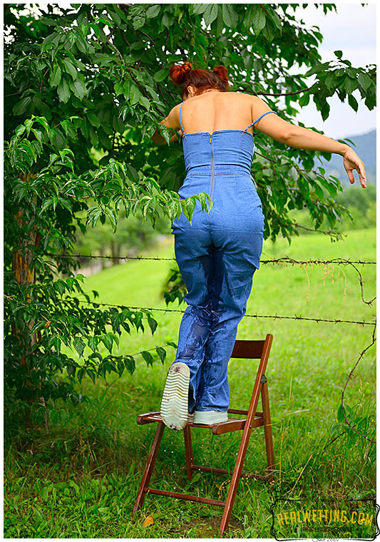 Shocking overalls wearing lady pees her pants desperate to pee