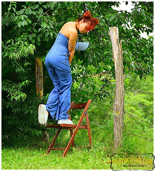 Shocking overalls wearing lady pees her pants desperate to pee