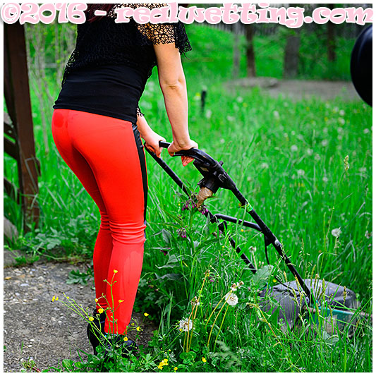 Ruby pisses her red tight pants and paties trying to make her mower work