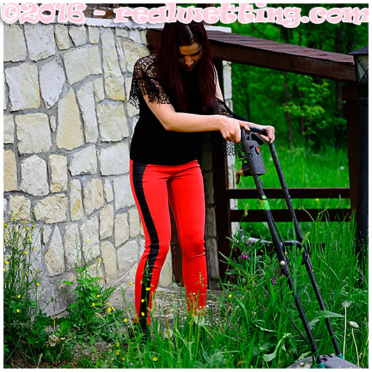 Ruby pisses her red tight pants and paties trying to make her mower work