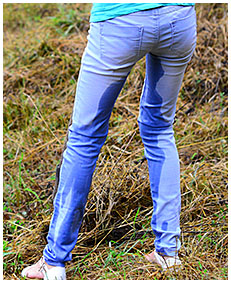 Gathering hay Beatrice wets her jeans on purpose