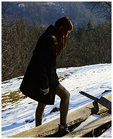 teen pisses gray tights on a orchard in winter 00