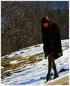 teen pisses gray tights on a orchard in winter 01