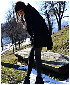 teen pisses gray tights on a orchard in winter 03