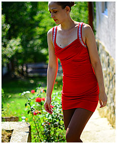 Wetting red dress and pantyhose