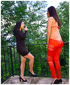 handcuffed lady wets herself peeing her red overalls tights 05