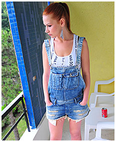 sexy girl wearing jeans overalls bulging bladder explosion panties 04