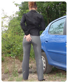 Grey business pants accidental urination wetting herself