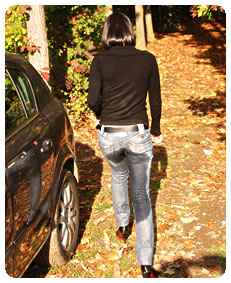 jeans wetting pissing herself washing her car