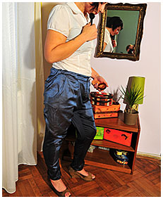 Pissing in blue satin loose pants with Valerie